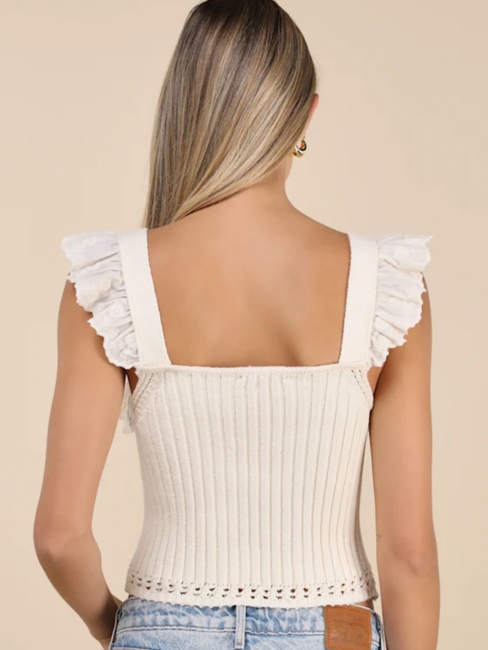 Gioia Cream Ribbed Ruffled Cap Sleeve Top - Picture 2 of 7